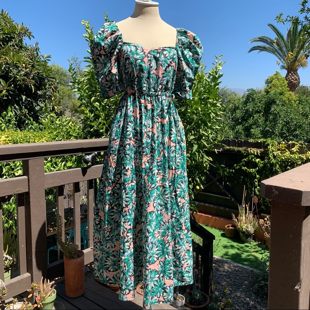 Blogger Favorite ZARA Green & Pink Floral Side Cut-Out Puff Sleeve Midi Dress XS